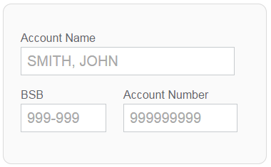Screenshot of bank account form